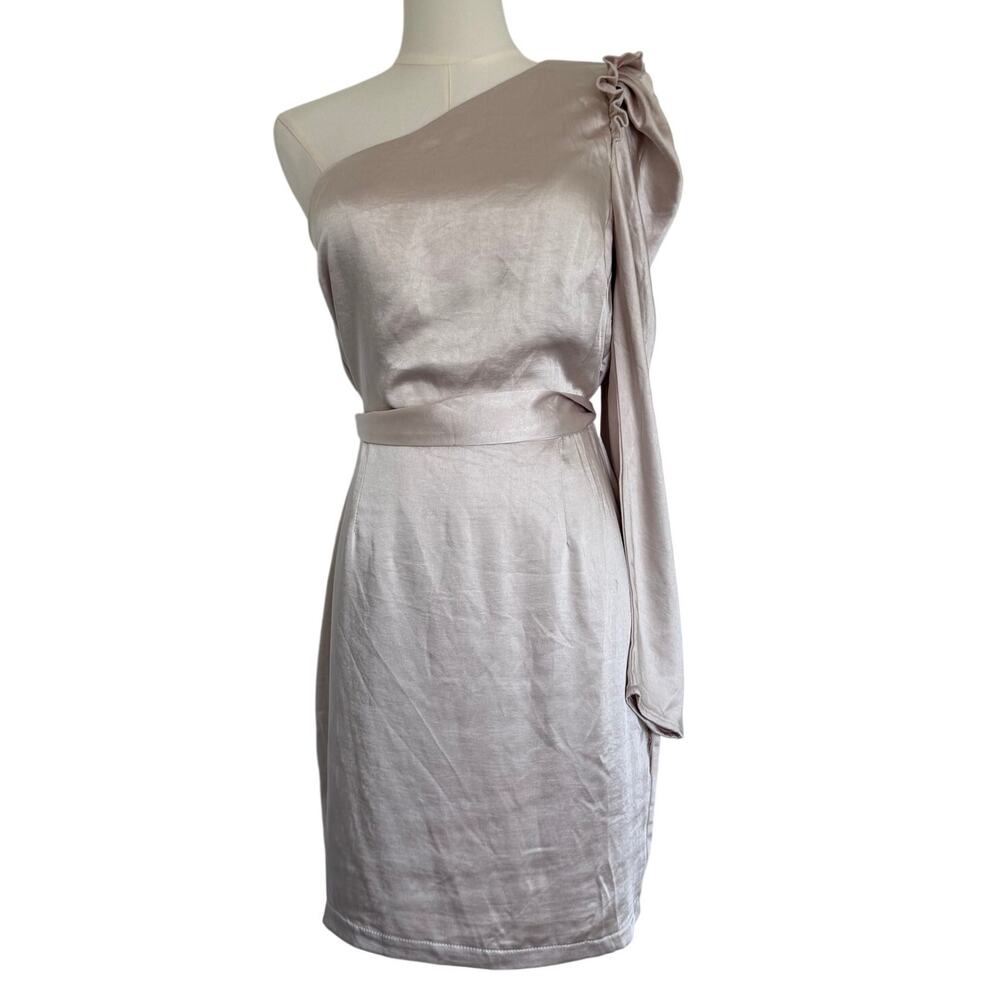 Aakaa (M) NWT One Shoulder Satin Mini Dress Oyster Tie Waist Cocktail Party